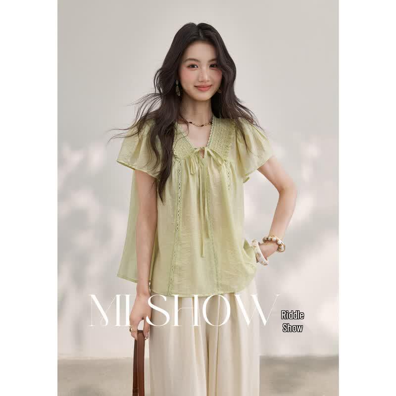 Women s Green V-Neck Tencel Blend Smocked Tie Blouse L