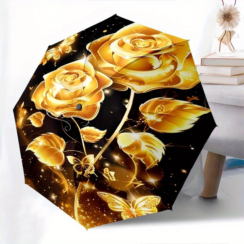 Golden Roses Butterflies Theme 8 Bone Hand Automatic Folding Umbrella, Compact and Portable Design, A Perfect Gift for Birthday, Christmas O