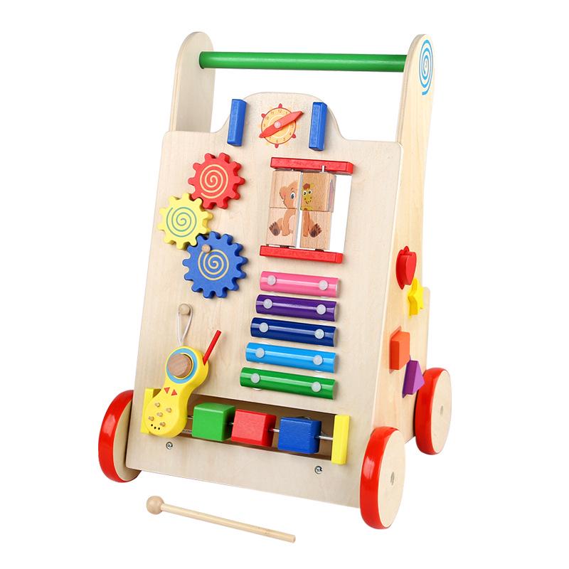 Nordic-Style Wooden Walker & Activity Center with Bead Maze, Xylophone, and Gears for Cognitive Play.