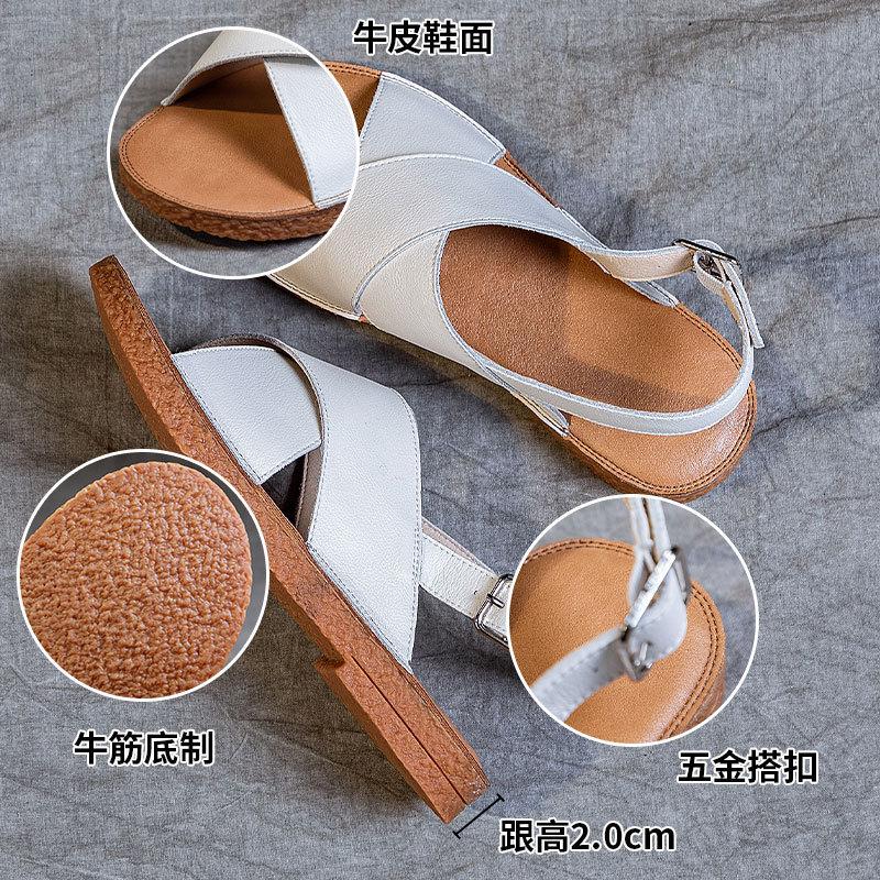 2025 new summer cowhide cross flat heel soft sole daily casual breathable one-word buckle with lightweight Roman sandals women