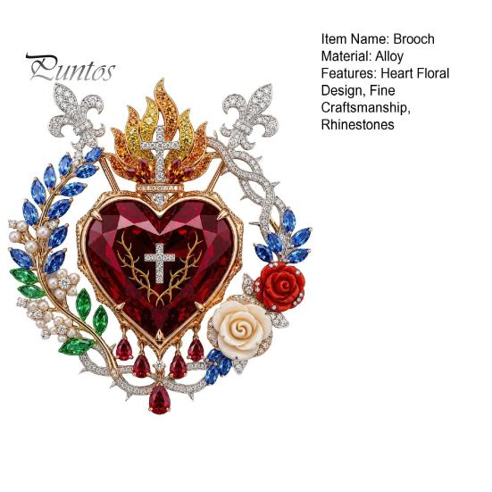 Devotional Jewelry Gift 1/2Pcs Radiant Sacred Heart Floral Faux Gemstone Brooch, Christian Pin for Women, Vintage Style Religious Pin, Coat