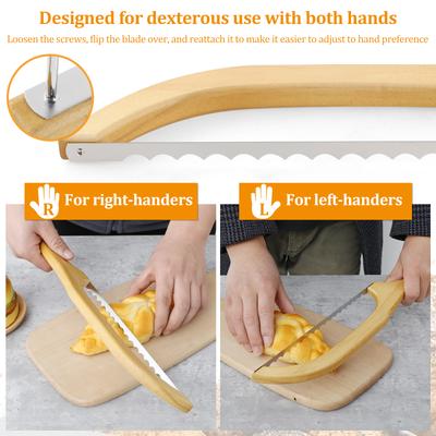 Wood Bread Bow Cutter Serrated Bagel Slicer Stainless Steel Sourdough Bread Slicer with Bamboo Handle Portable Bread Cutter Tool
