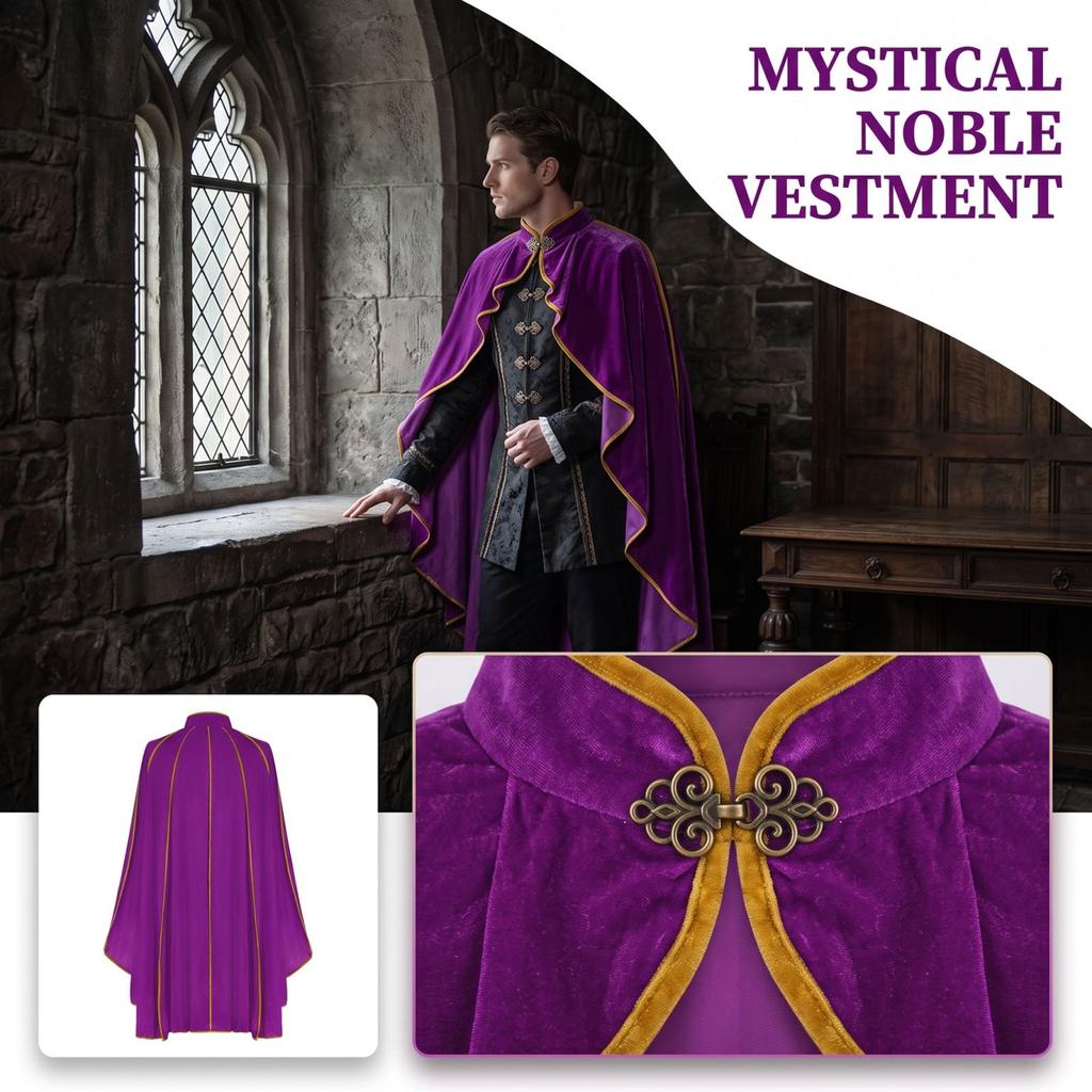 Women's Velvet Cape Coat with Stand Collar and Gold Trim Button Front for Halloween Costume