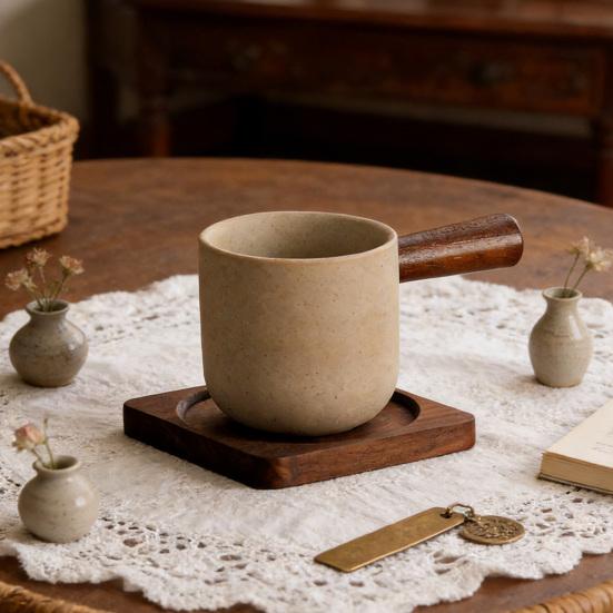 Sada vintage keramických hrnků s dřevěnou rukojetí a podšálkem, objem 150 ml, hrnek na kávu s udržením tepla pro domácnost a kancelář, elegantní dárek pro milovníky kávy