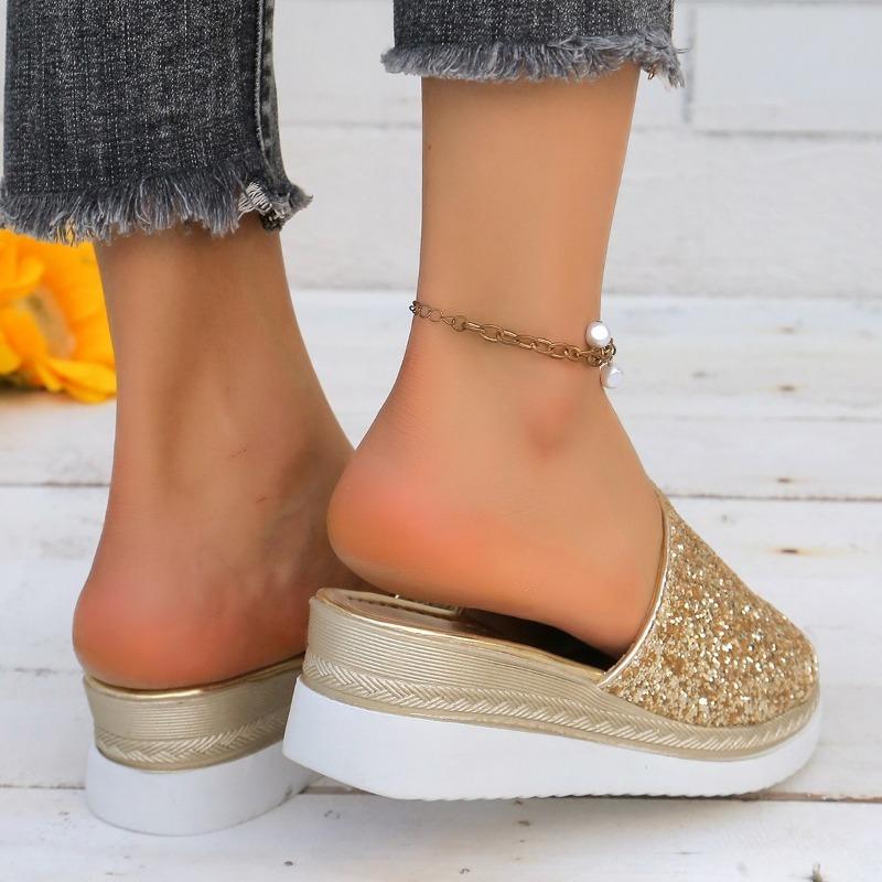 Fashion 2024 New Women Slippers Summer Light Weight Leather Shoes Women Platform Open Toe Crystal Slippers Women Gold Silver Mujer