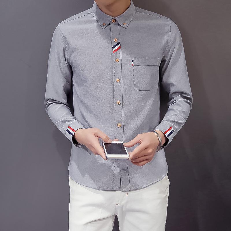 Men's Oxford Spinning Long Sleeve Shirt Teen Korean Slim-Fit Casual No-Iron Shirt