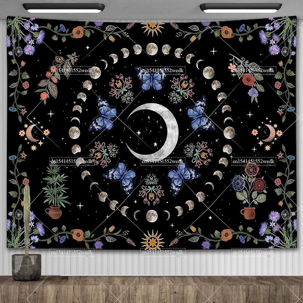 Psychedelic Bohemian Wall Tapestry For Living Room Moon Phase And Stars Tapestrys Butterfly Snake Tapestries Tarot Altar Cloths