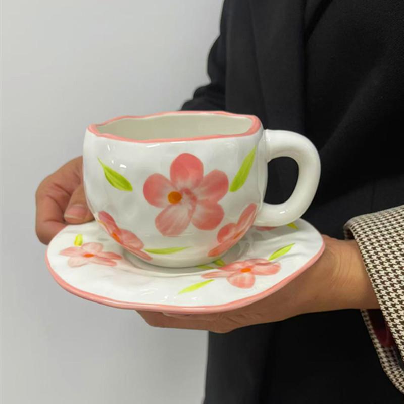 Korean Ins Style Hand-painted Love Ceramic Cup and Saucer Couple, Underglaze Color Irregular Coffee Cup and Saucer Afternoon Tea