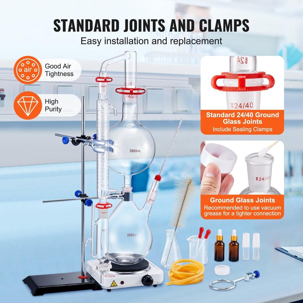 Essential Oil Distillation Kit, 2000ml Distillation Apparatus, 3.3 Boro Lab Glassware Distillation Kit with 1000W Heating Plate and 24, 40 Joint, 28