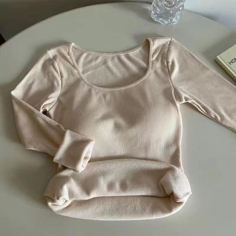 Warm Woolen Thickened Square Collar Collarbone Long Sleeve T-shirt Women's New Autumn and Winter Slimming Inside with A Base Shirt Top