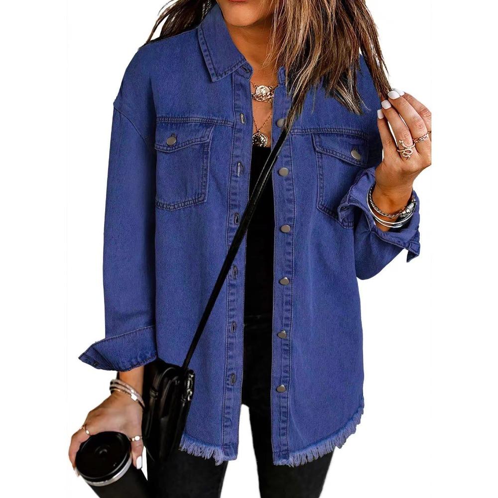Women's Oversized Denim Shirt Jacket with Raw Hem and Button Front