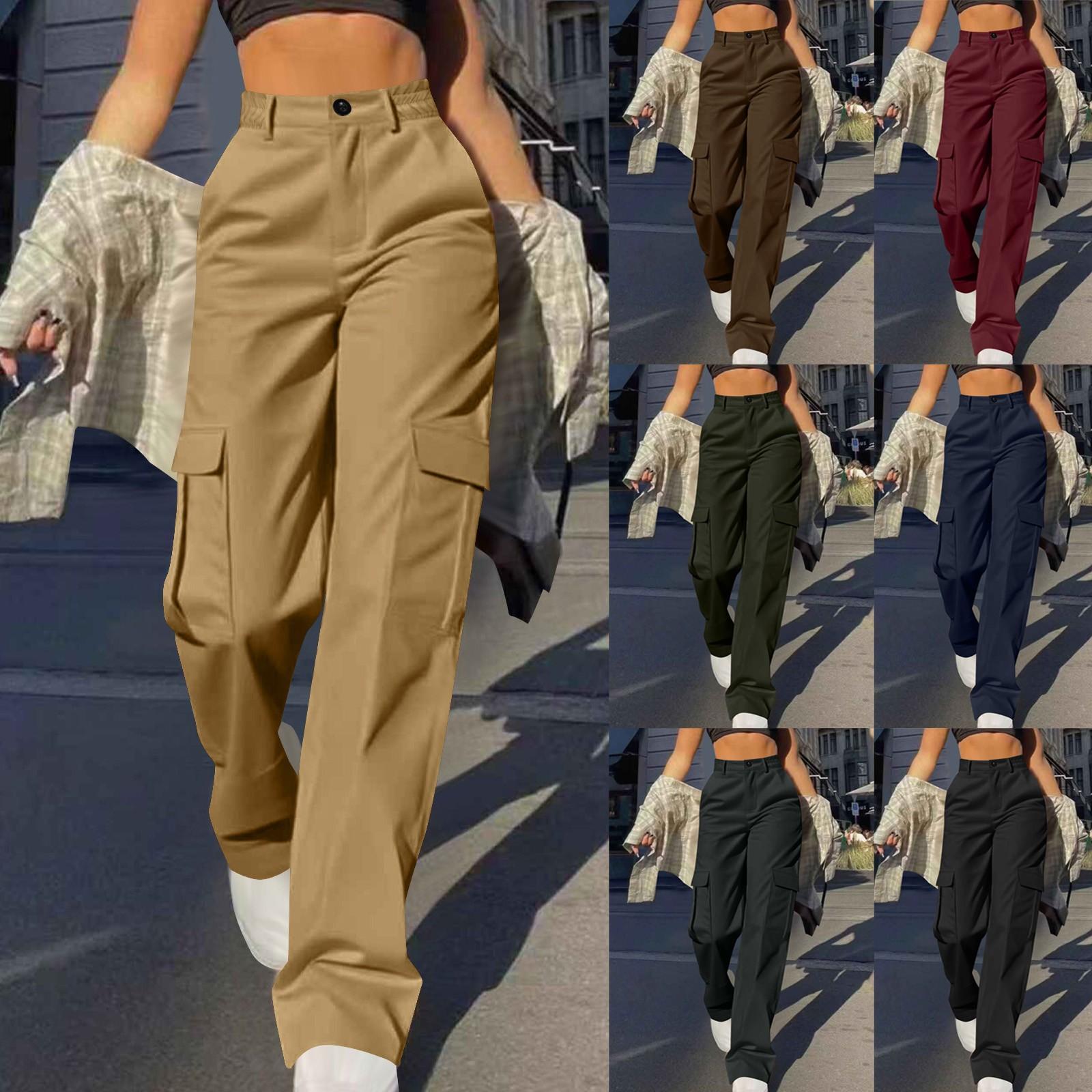 

Womens Trendy Casual Streetwear Baggy Cargo Pants With Pockets Wide Leg Trousers Loose Overalls Long Pants XL хакі