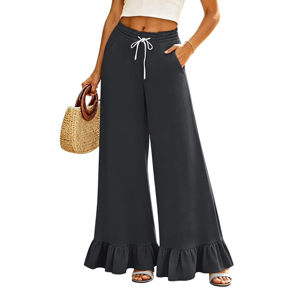 Women's High Waist Wide Leg Pants with Drawstring Waist and Pockets Loose Fit Casual Full Length Trousers with Ruffle Hem