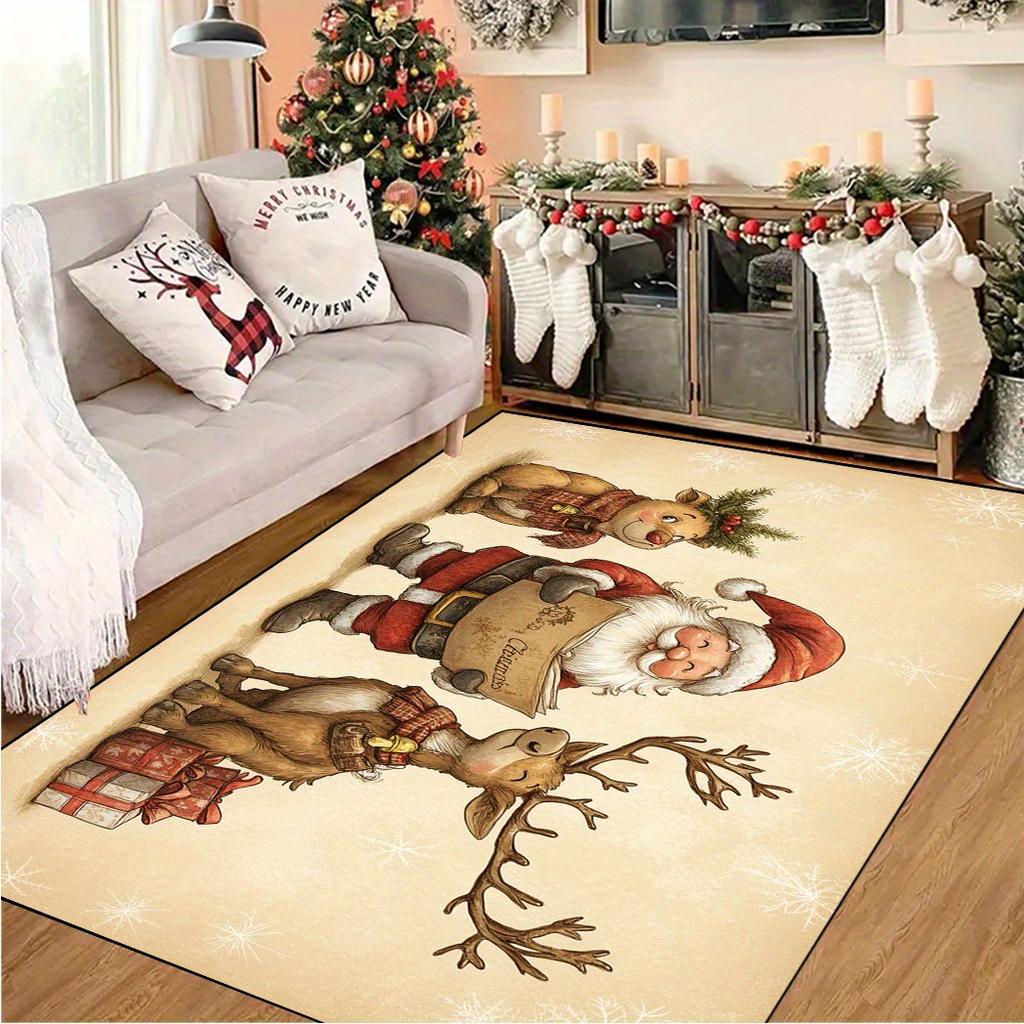 2D Flat Christmas Rug, Santa Reindeer Gift Pattern Mat, All‑Season Home Decor for Patio Garden Bedroom Living Room Indoor