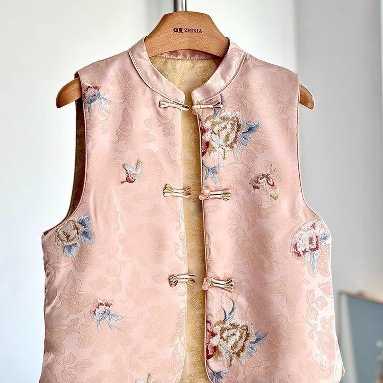 Spring and Autumn retro style buckle outer wear vest pink vest year embroidery improved women