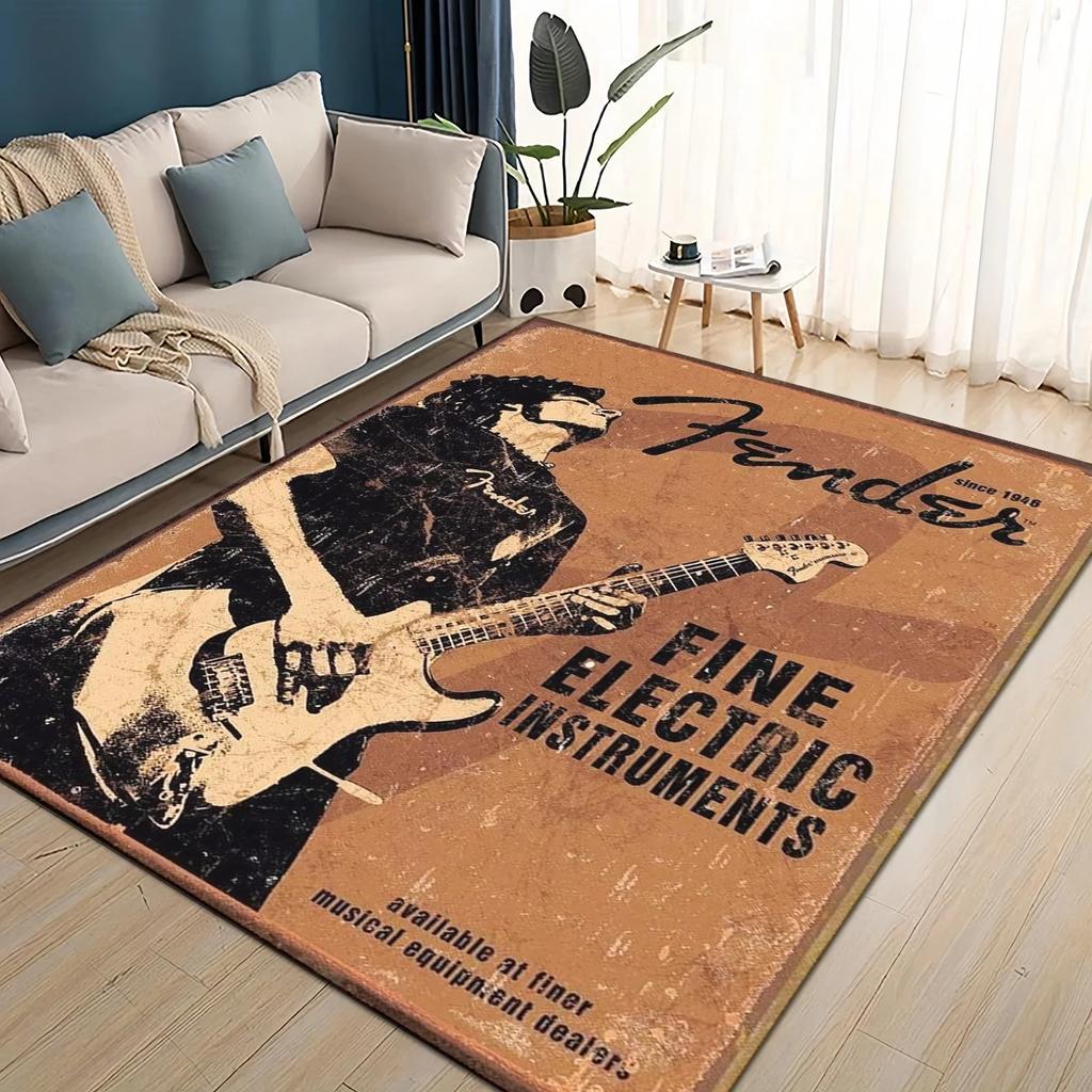 Retro Fender Logo Guitar Instruments Music Carpet Rug for Living Room Bedroom Home Sofa Decoration, Floor Mat
