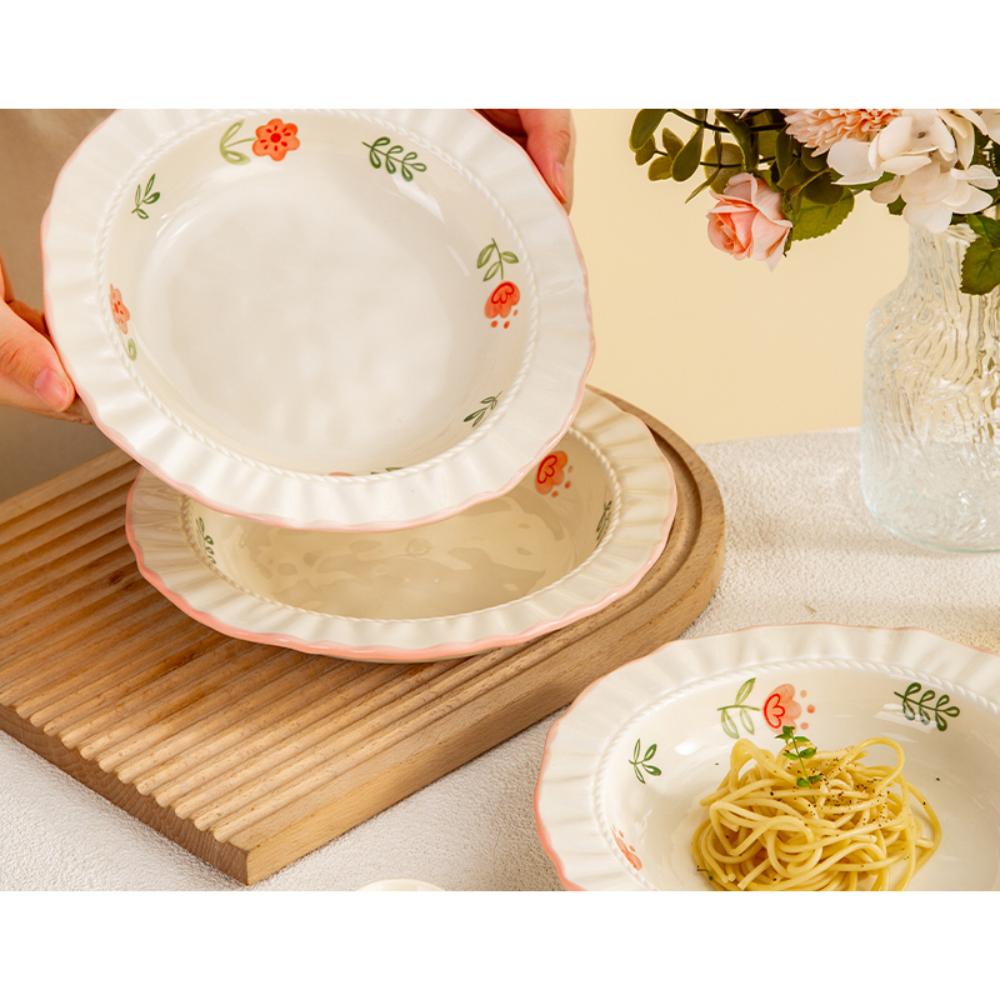 Plato de Cerámica Creativo Estilo Coreano Lindo Floral Hecho a Mano Porcelana Vajilla Pasta Verdura Fruta Ensalada Postre Platos Hondos