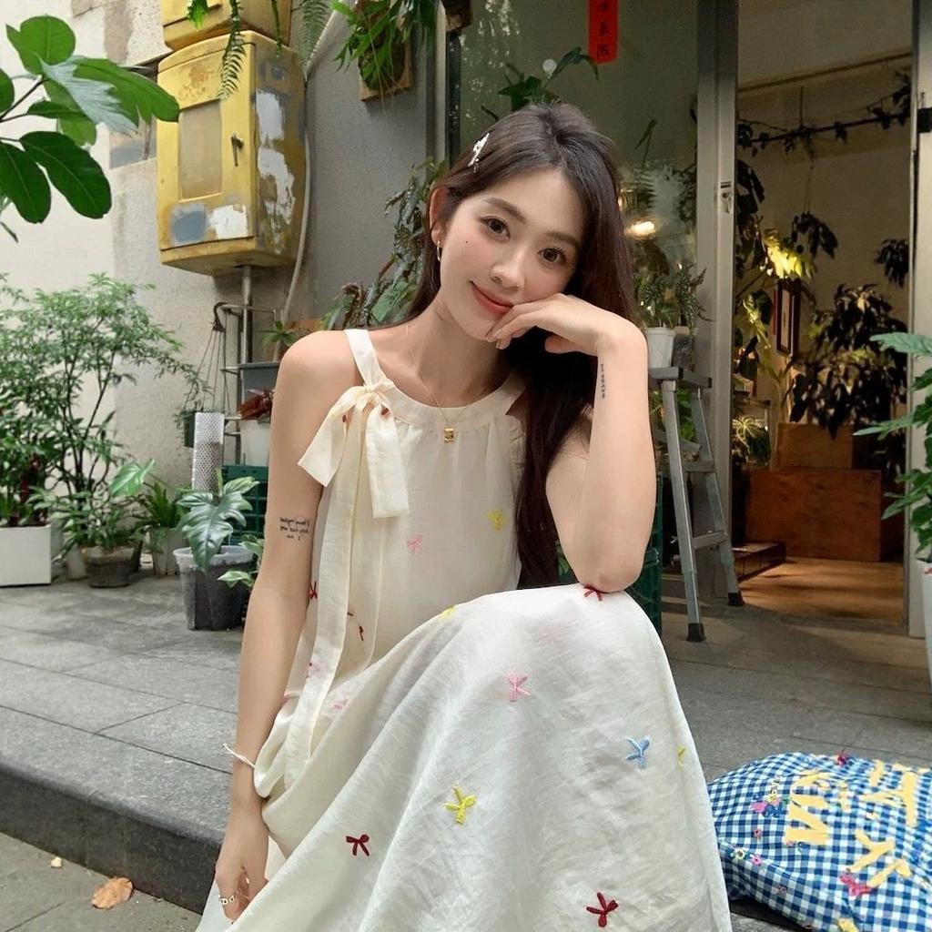 Mori bow tie neck dress women's summer new waist college style gentle and thin sweet long dress
