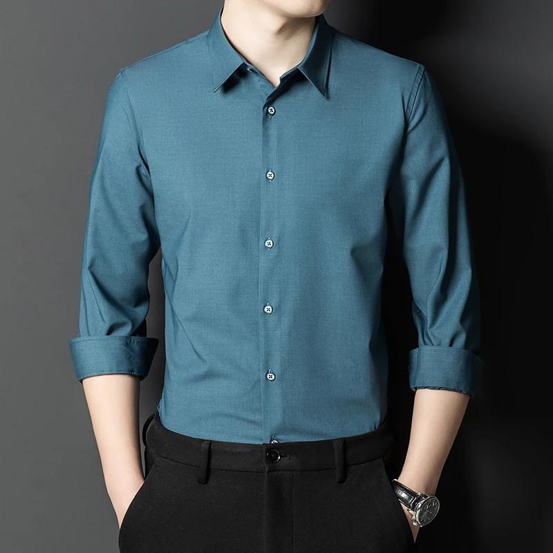 Bamboo Fiber solid color elastic long-sleeve shirts for men slim fit formal plain shirt england style white shirt office clothes