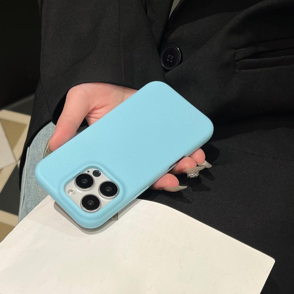Simple solid color lychee pattern is suitable for iphone17promax leather pattern mobile phone case, simple Apple 13 anti-drop protective case.