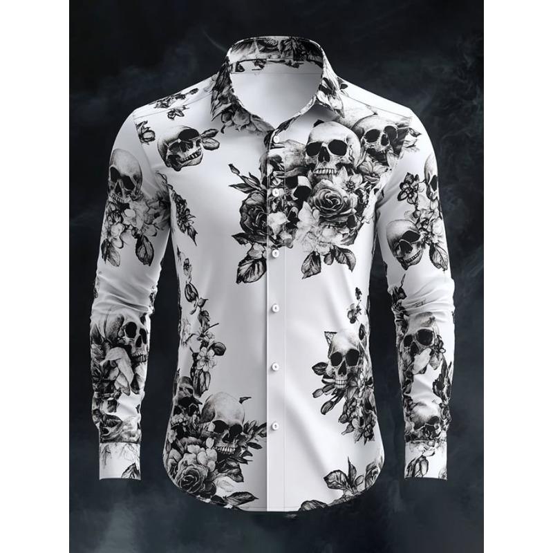 Men's Long Sleeve Shirt Stripe Graphic 3D Print Slim Fit Skull Outdoor Streetwear Button Clothing Fashion Style Design Tops