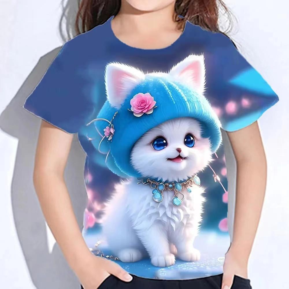 Roliga flickors t-shirts sommar kortärmad topp tecknade djur katt 3d-tryck 2025 flickkläder mode vardagliga t-shirts