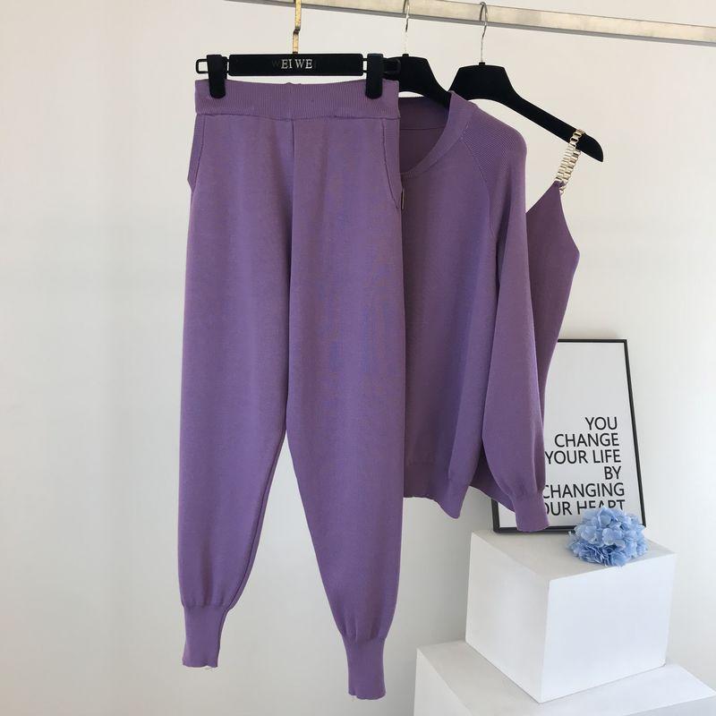 IHUASU Set de trei piese pentru femei, jachetă tricotată + pantaloni elastici cu picior mic