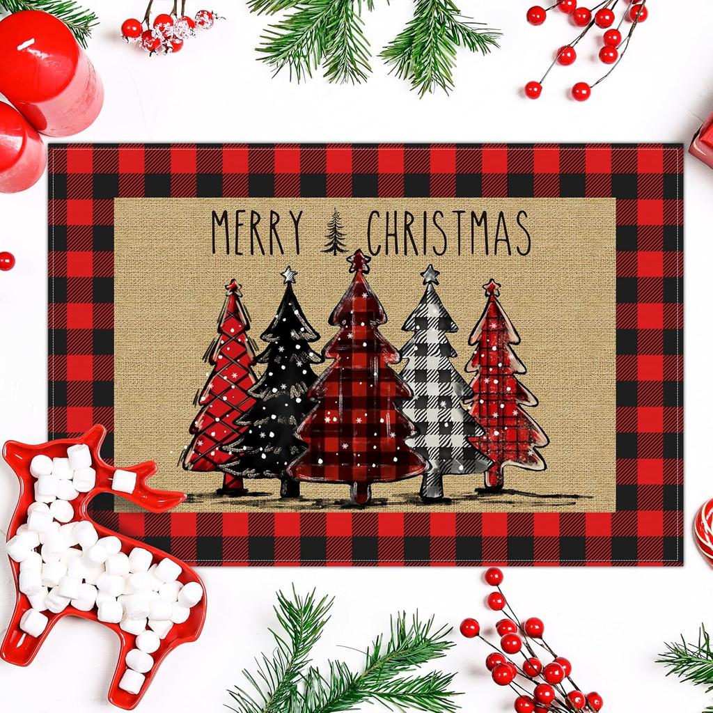 4/6pcs Christmas Tree Print Single-Sided Linen Placemat Set for Holiday Table Decor