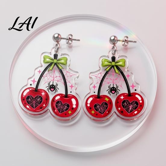 Goth Aesthetic Accessories 1 Pair Acrylic Cherry Earrings for Women 2D Fruit Dangle Drop Versatile Daily with Spider Web And Bow Punk Jewelry