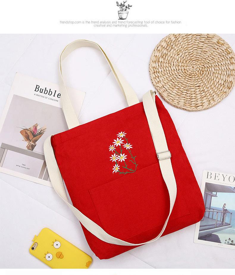 Little daisy corduroy women's shoulder canvas bag, art student make-up bag, leisure college wind crossbody shopping bag
