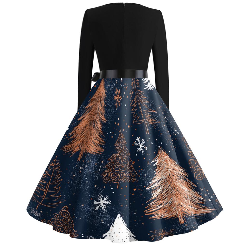 Women's Retro V-Neck Christmas Dress with Snowflake and Christmas Tree Print, Vintage A-Line Dress for Holiday Party