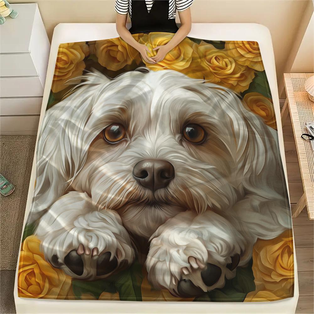 Maltese dog and roses,pattern Flannel Blanket, High quality Comfortable for All Seasons, Home Decor, Warmth and Comfort, Perfect for Gifts.