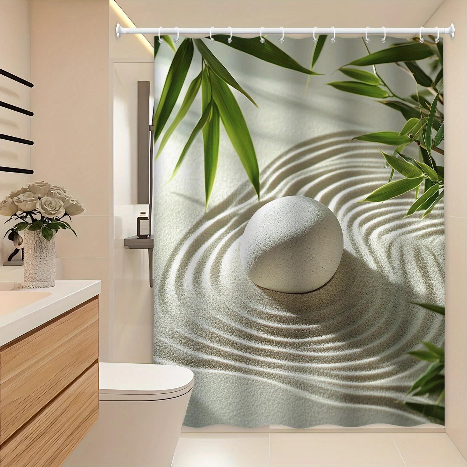 

YXZen Garden Bath Curtain - White Pebble & Raked Sand, Bamboo Leaves, Polyester, 12 Hooks, Machine Washable, Meditative Decor W90XH180cm