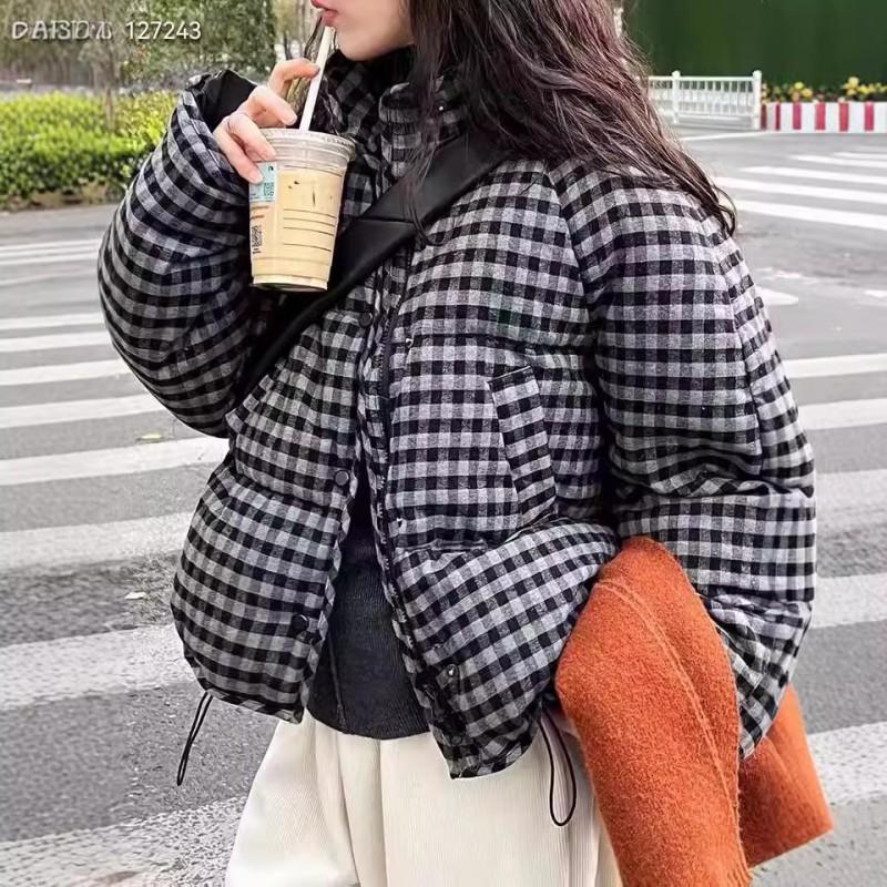 Womens Black Plaid Down Puffer Jacket Short Loose Fit Stand Collar Winter Warm Coat