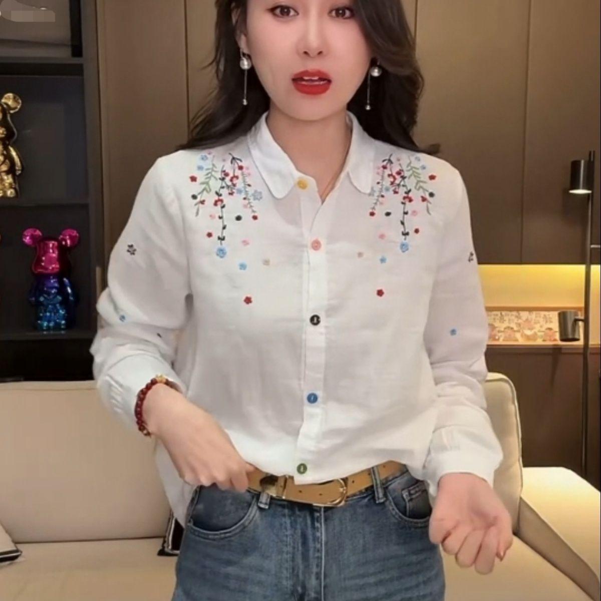 Spring Embroidered Retro Chinese-Style Long Sleeve Shirt for Women XL