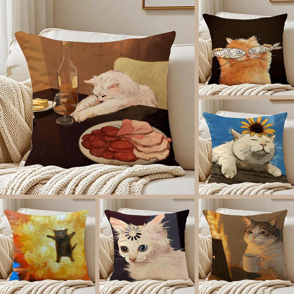 Expressive Hilarious Expressions Cats Oil Paint Cushion Cover Pillowcase Antidustmite Invisible Zipper Short Plush Sofa Cushion