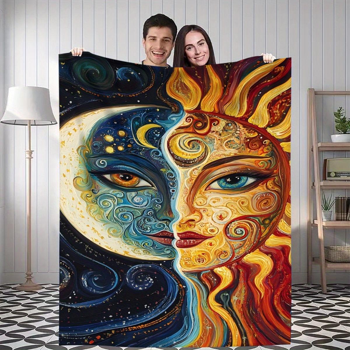 1pc Sun and Moon Celestial Throw Blanket - Dual Sun & Moon Faces in Blue, Golden, Orange, Red, Black - Soft Flannel All-Season 75x90cm28x35in
