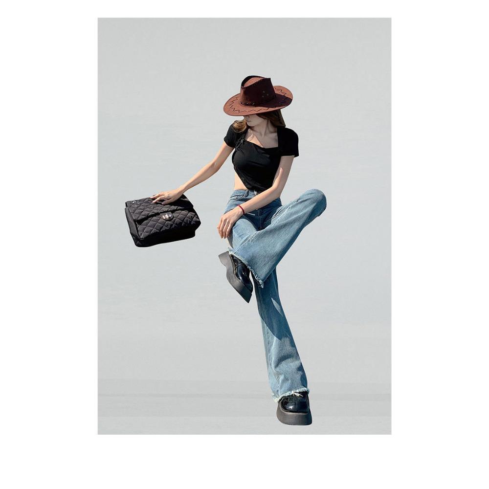Raw Edge Design Sense Black Gray Micro Flared Jeans Woman
