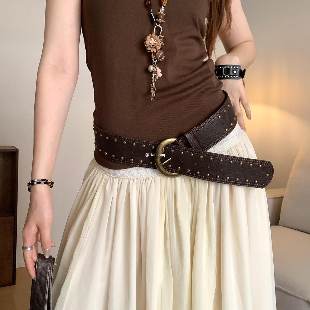 Women's Retro Western Studded Brown Flower Belt for Skirts & Jeans