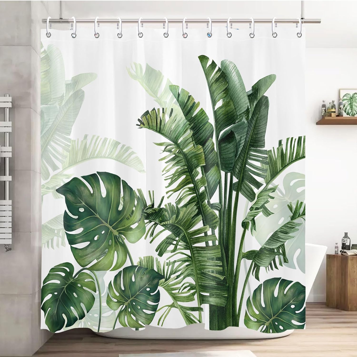 Tropical Jungle Shower Curtain Botanical Plant Bathroom Set Dark Green Cloth Fabric with Hooks 90x180