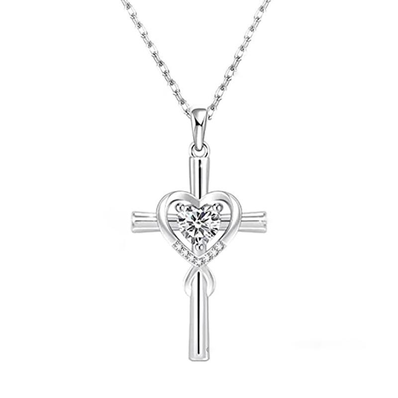 Cross shaped heart-shaped blue zircon pendant necklace