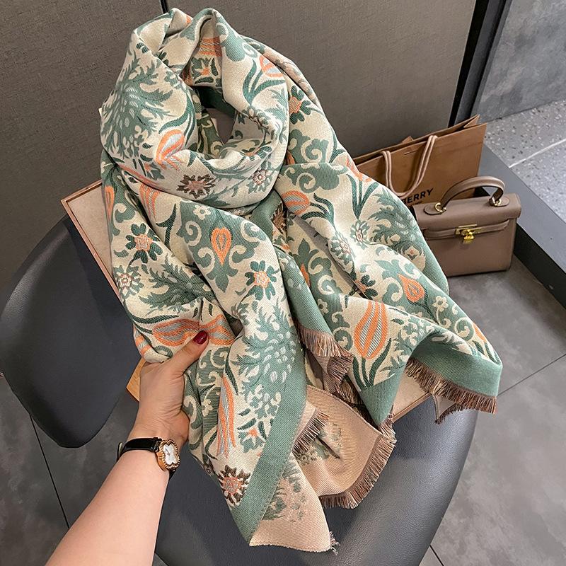 New faux cashmere scarf for women, winter Korean style cashew flower fashionable decoration, warm scarf, student shawl One Size