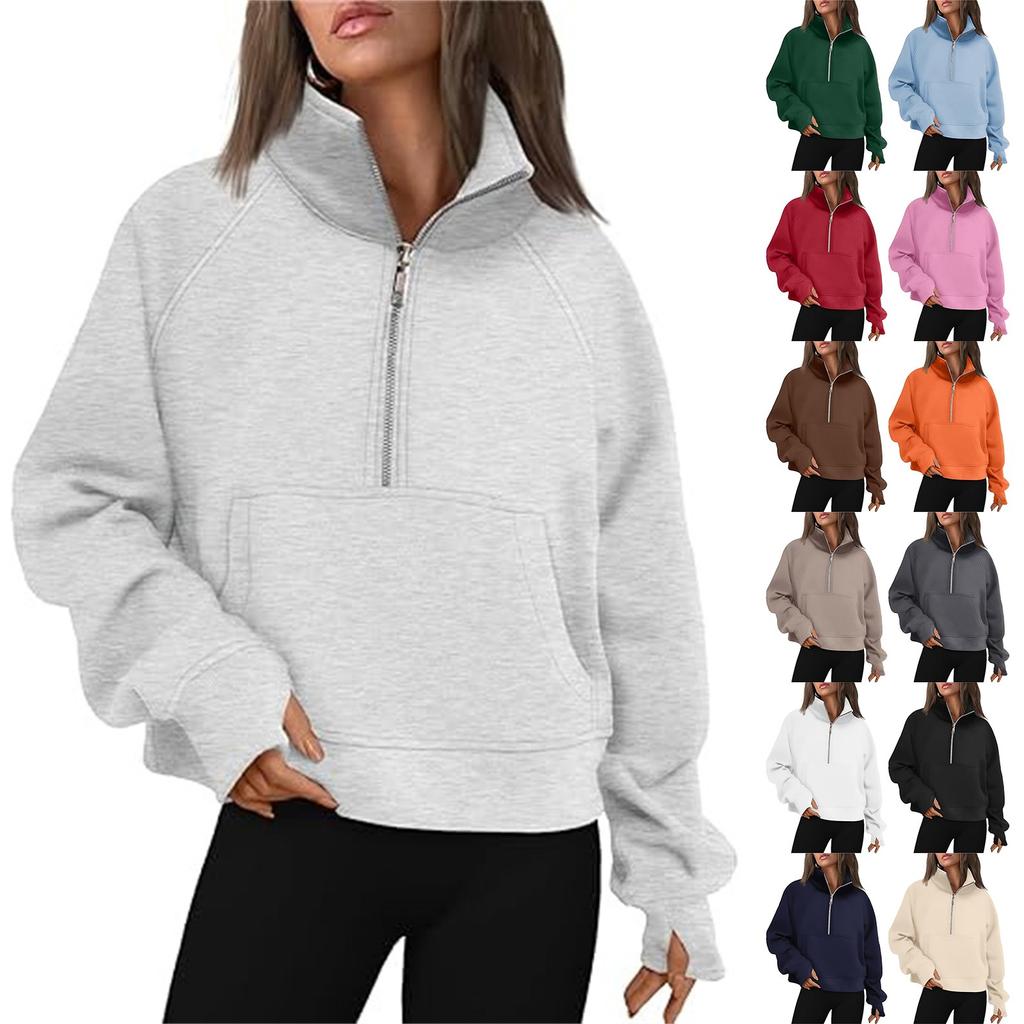 Women's Stand Collar Plus Fleece Solid Color Hoodie Long Sleeve Pocket Loose Half Zip Pullover Hoodie Top