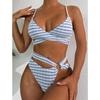 European & American Blue-White Striped Backless Bikini - Slimming & Sexy Fit for Small Chest Women