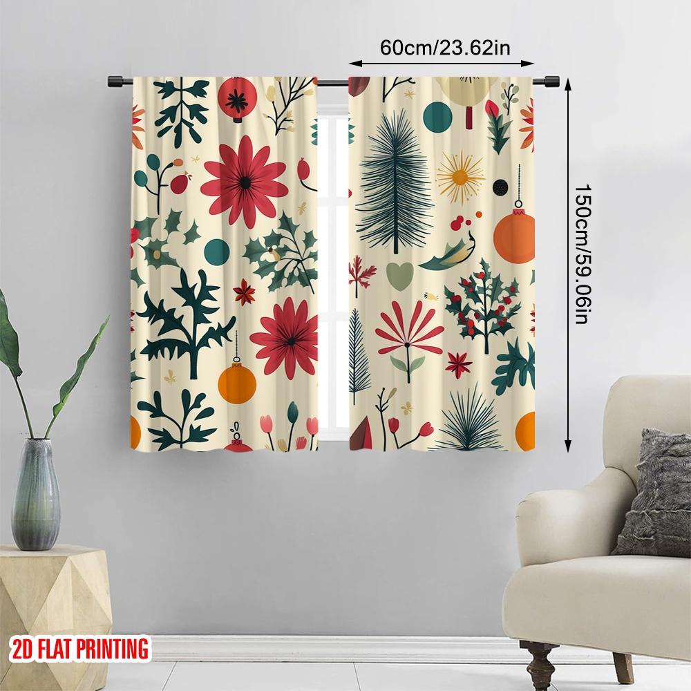 2pcs,2D plane printing Popular Curtains Christmas Balls Trees Flowers Versatile Polyester Fabric (without rod) All Seasons Use