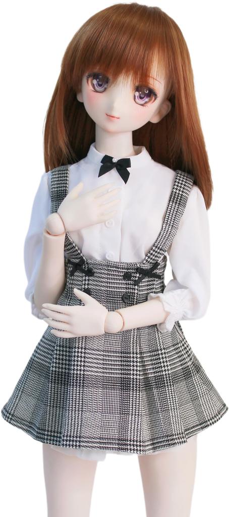 DD Compatible Jumper Skirt with Black Ribbon White Blouse 2 Piece Set Black and White Check British Glen Check Jeans Skirt 60cm Doll BJD Doll Clothes