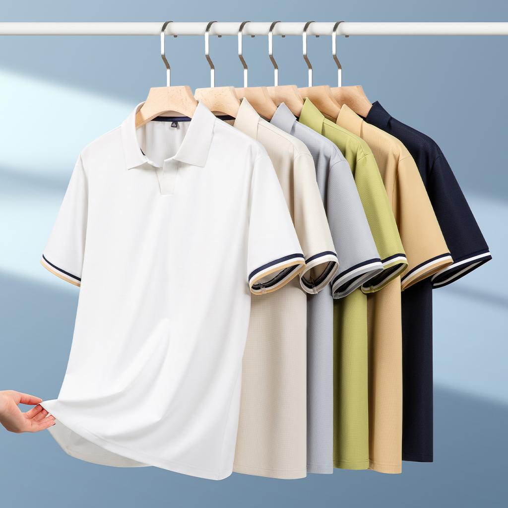 Summer new contrasting color cuffs men's lapel casual polo shirt