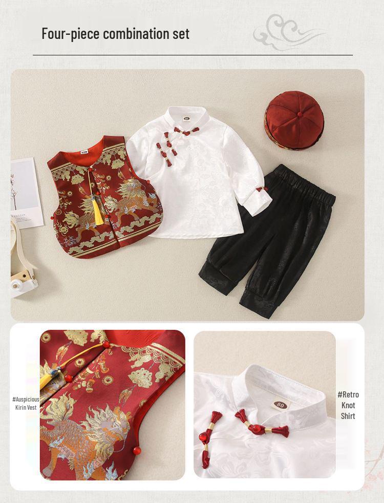 Chinese Style Baby Boys' Tang Suit, One-Year-Old Formal Set, Spring/Summer Infant Wear, National Tide Crown Garment for Zhuazhou Occasions
