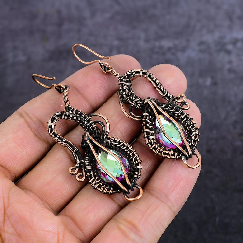Natural Pink Rubillite Gemstone Copper Wire Wrap Jewelry Earring 2.88" C6j18