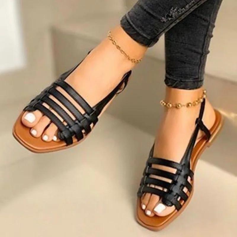 fashion Buckle Strap Women's Sandals Daily  Sandals Women Flat with Round Toe Solid Soft Bottom Ladies Shoes